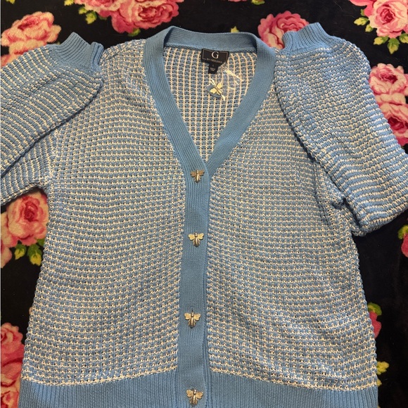 G by Giuliana Blue Plaid Cardigan with Bee Accents - Picture 2 of 6